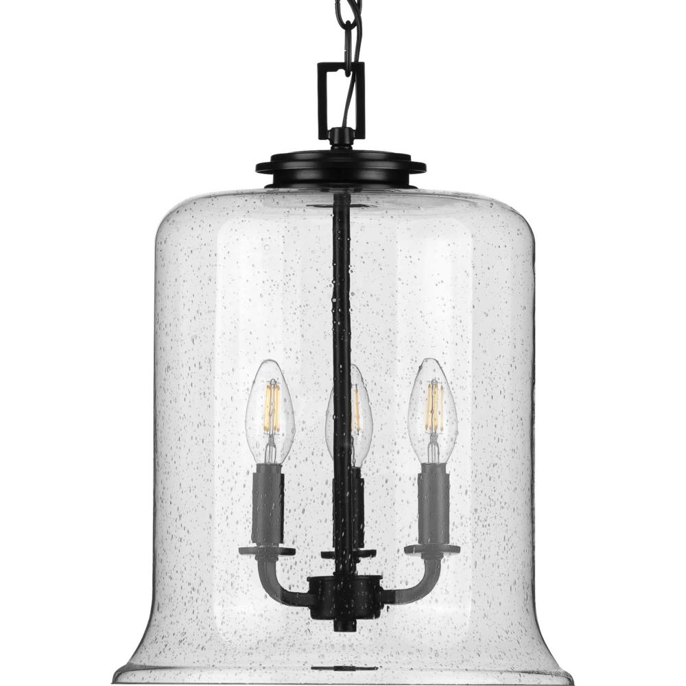 Winslett Collection Three-Light Matte Black Clear Seeded Glass Coastal Pendant Light