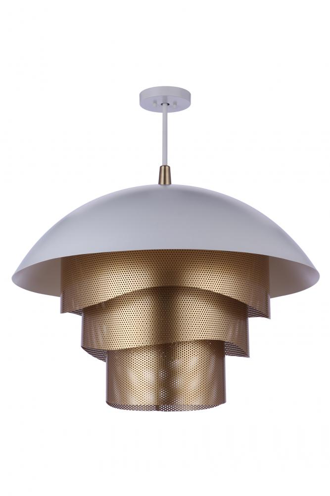 31.25â€ Dia Sculptural Statement Dome Pendant w/ Perforated Metal Shades in Matte White/Matte Gold