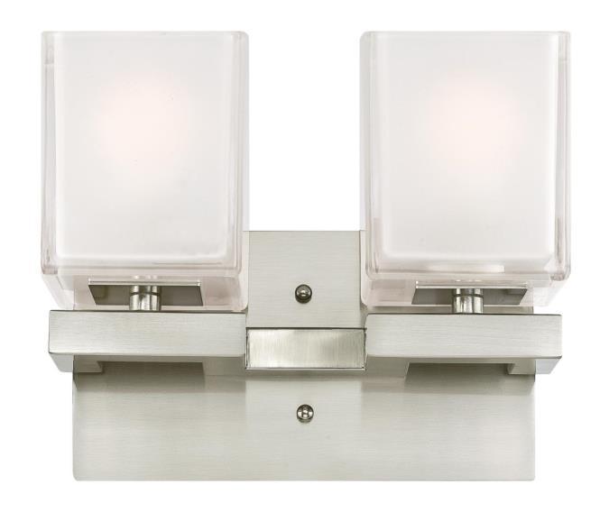 2 Light Wall Fixture Brushed Nickel Finish Glazed Ice Block Glass