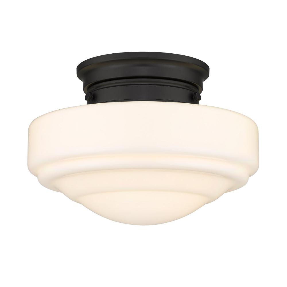 Ingalls Semi-Flush in Matte Black with Vintage Milk Glass Shade