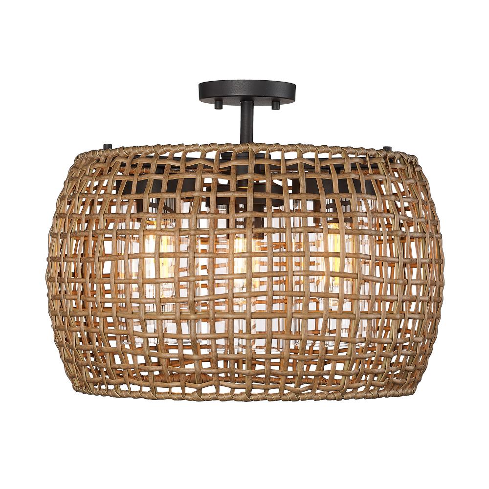 Piper 3 Light Semi-Flush - Outdoor in Natural Black with Maple All-Weather Wicker Shade