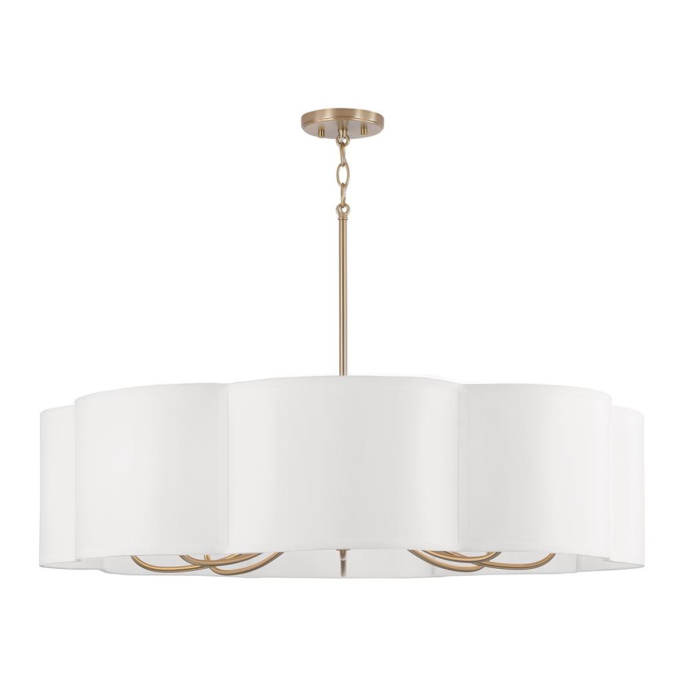 8-Light Chandelier in Matte Brass with White Fabric Shade