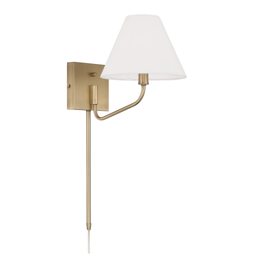 1-Lt Swivel Armed Sconce in Aged Brass & Tapered White Fabric Shade w/ Optional Plug-in & Cord Cover