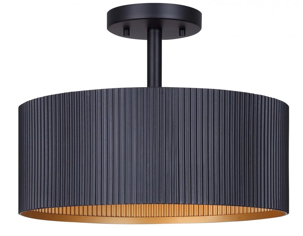 Rexton 13 in. 2-Light 60-Watt Modern Matte Black Semi-Flush Mount with Matte Black and Gold