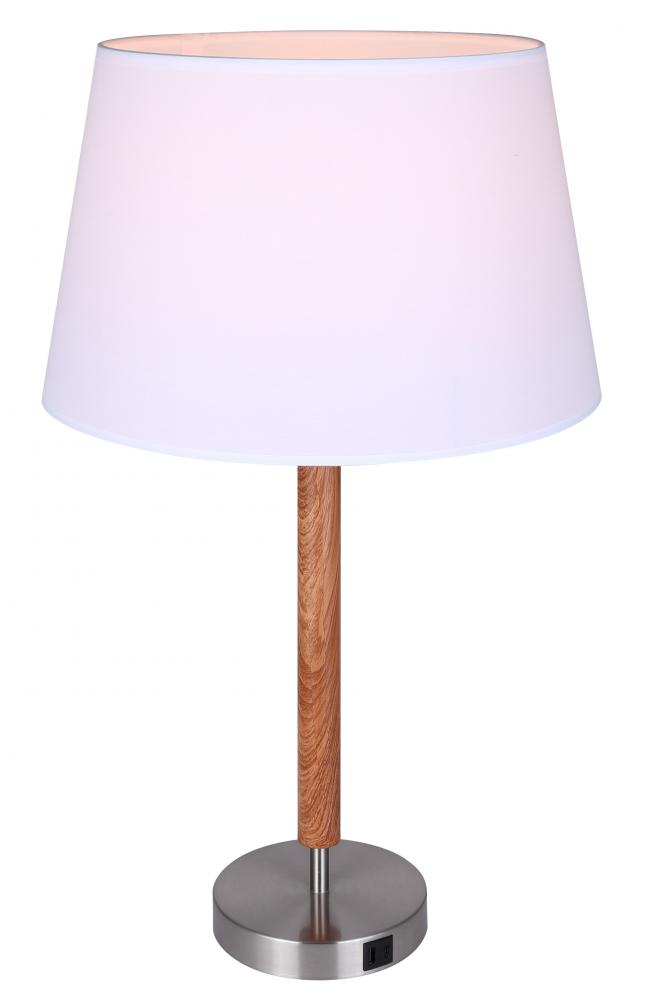 Maly 1 Light Table Lamp with Brushed Nickel and Faux Wood Finish and White Shade