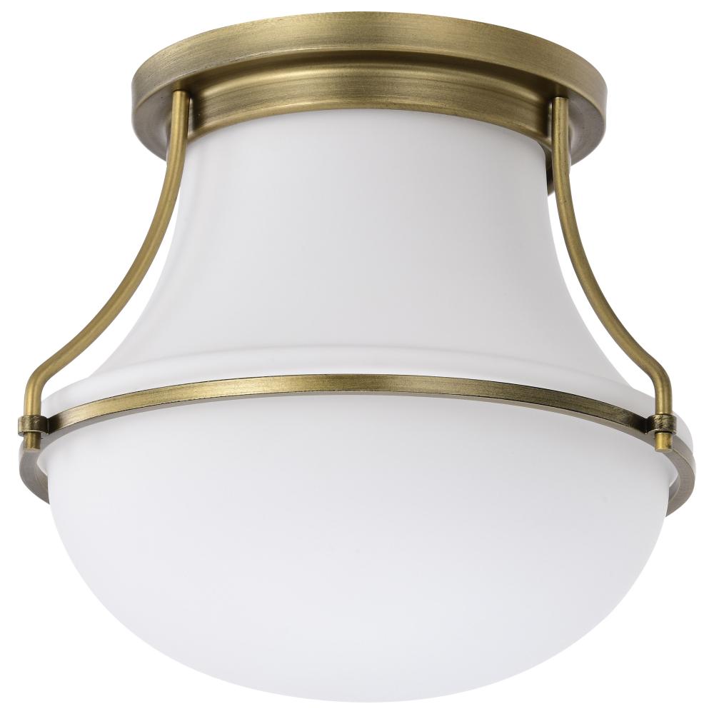 Valdora 1 Light Flush Mount; 10 Inches; Natural Brass Finish; White Opal Glass